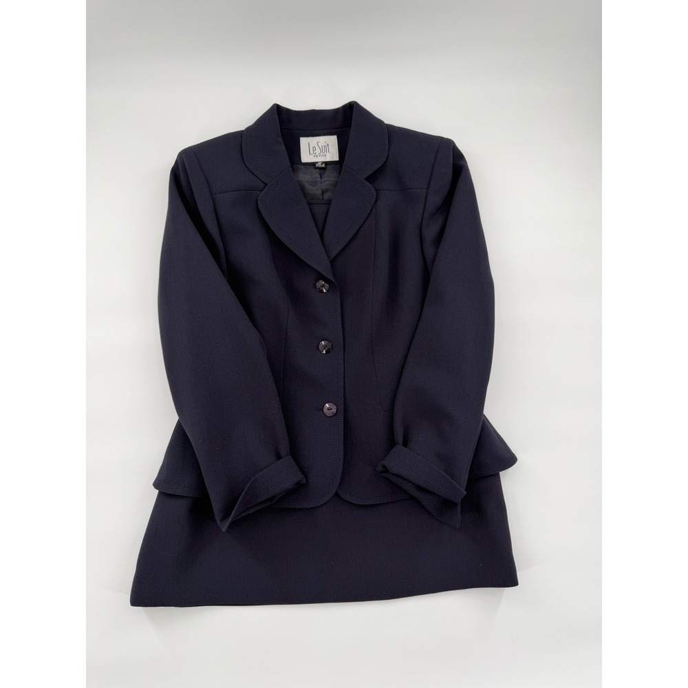 Le Suit Petite Navy Blue 2 Piece Skirt Suit Set 8P Blazer Skirt Professional